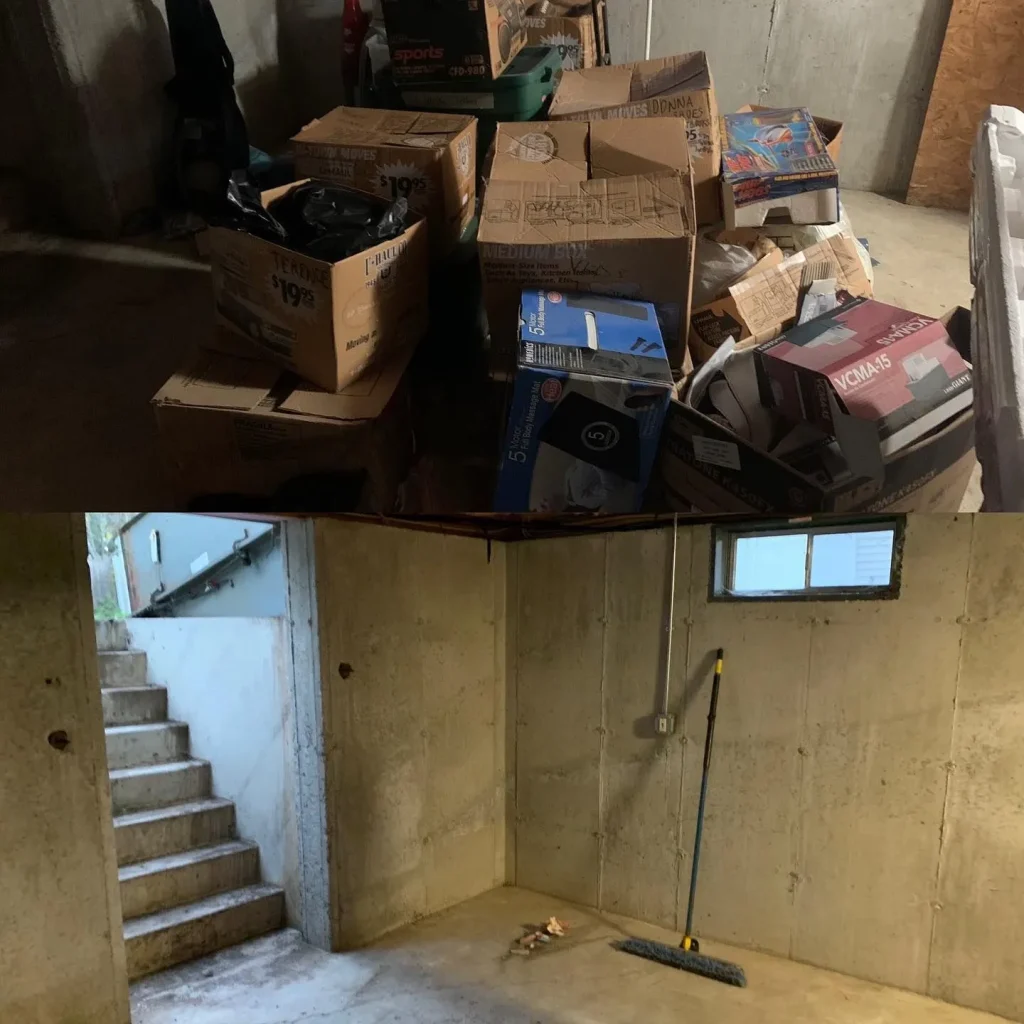 An image of a basement space with boxes stored on the upper level and a concrete staircase leading to the lower level