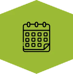 An icon of a calendar in a green hexagon background