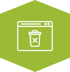 An icon of a browser window containing a trash can with an "X" inside with a green hexagon background