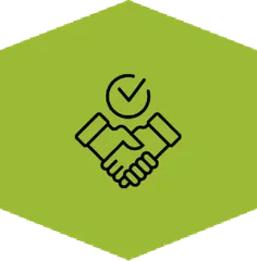 A color green hexagon shape with a handshake and a check