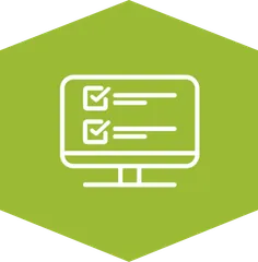 An icon within a green hexagon shape, resembling a computer monitor with a checklist on the screen