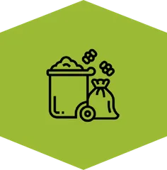 An icon of a recycle bin and a trash bag with a green hexagon background