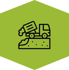 An icon of a dump truck inside a green hexagon shape
