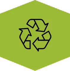 An icon of recycling symbol in a green hexagon background