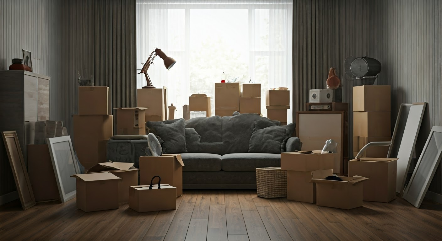 A room with a couch surrounded by boxes and frames with different sizes